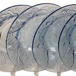 Vintage KIG Indonesia 3D Ice Blue Glass Salad Plate Bowl Set 4